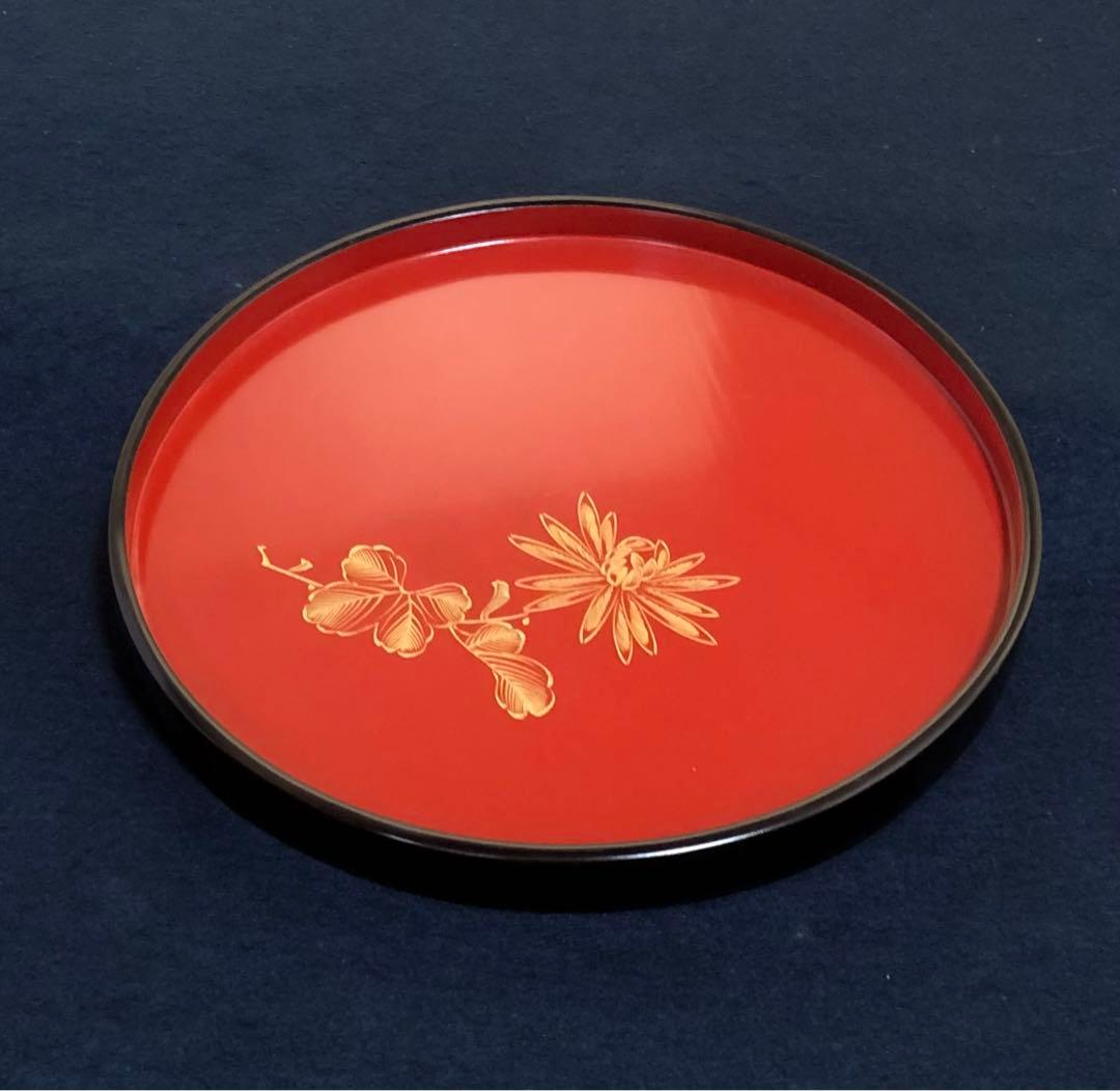 《レ》黒内朱 沈金菊図 丸盆10客 木製漆器 251125え6