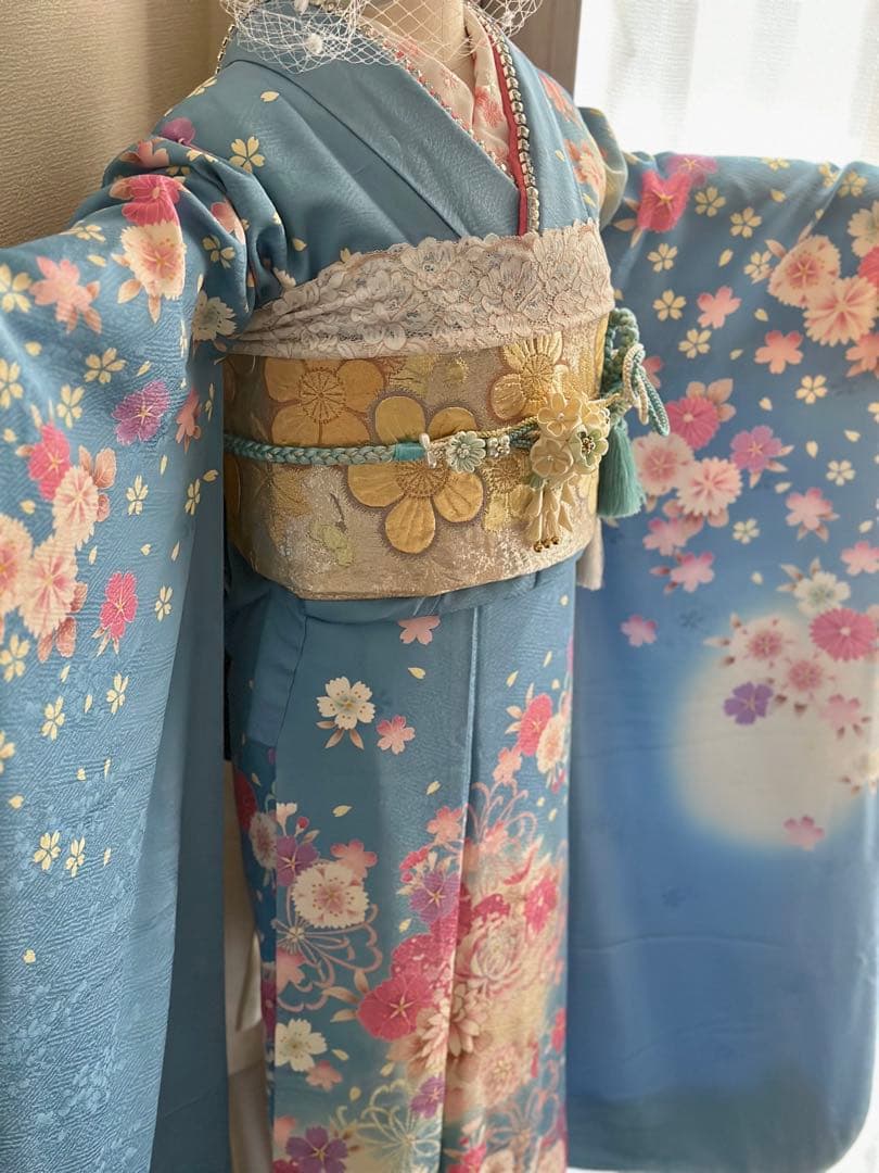 水色 花柄 振袖 フルセット