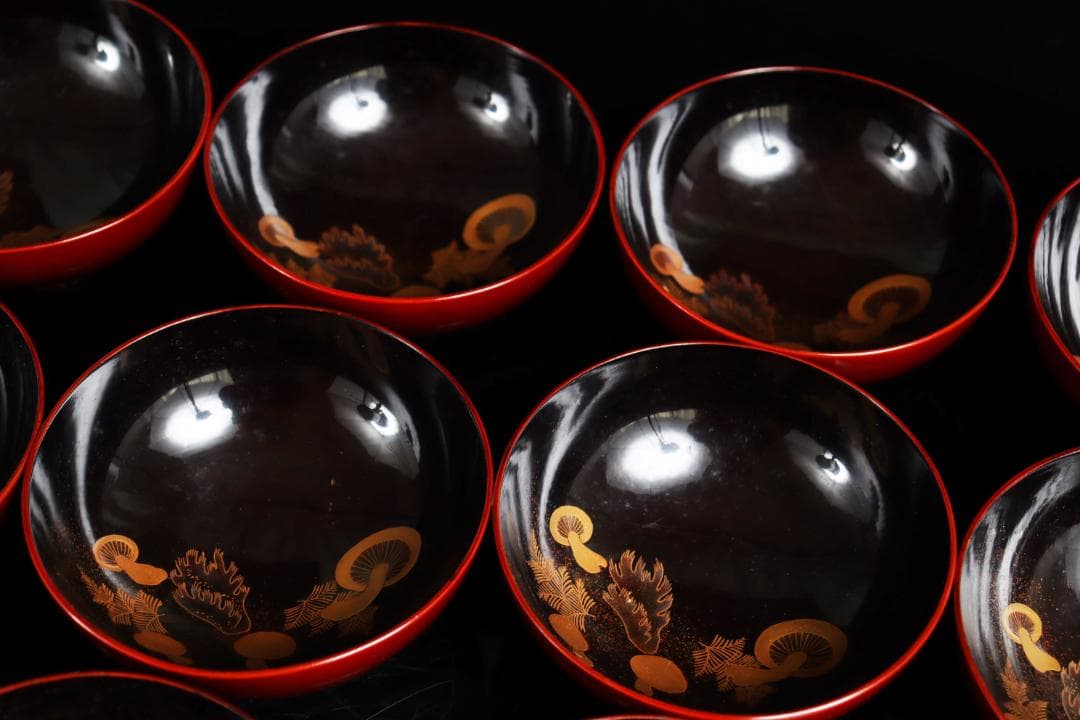 茶道具 見返松茸 蒔絵 吸物椀 十客 木箱 共箱　木製漆器