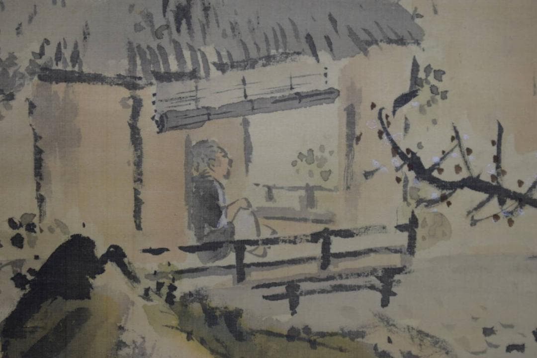 真作/里見雲嶺/山水梅花図/民家図/絹表装/布袋屋掛軸HI-955