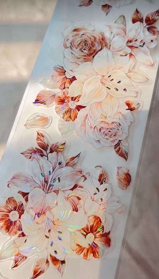 【8787】海外　マステ　5m巻売り　貝殻光カッティング　お花系　ユリ　バラ