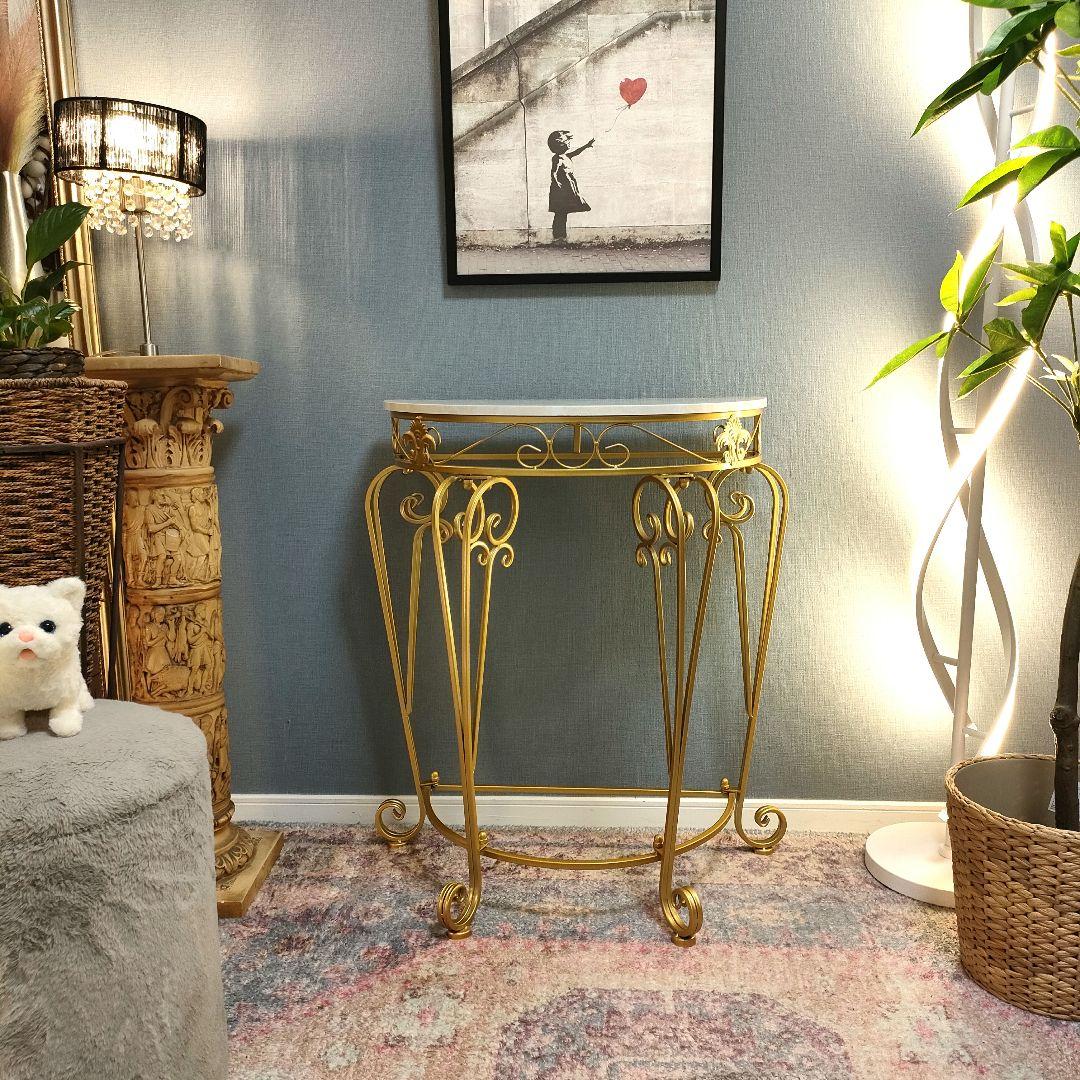 ゴールドアイアン×大理石風天板 コンソールテーブル アンティーク調 半円型