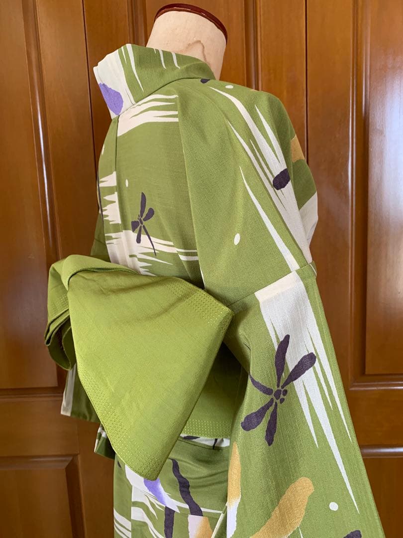 抹茶色にとんぼの柄の浴衣　夏着物と半幅帯真田紐　高級ポリエステル素材