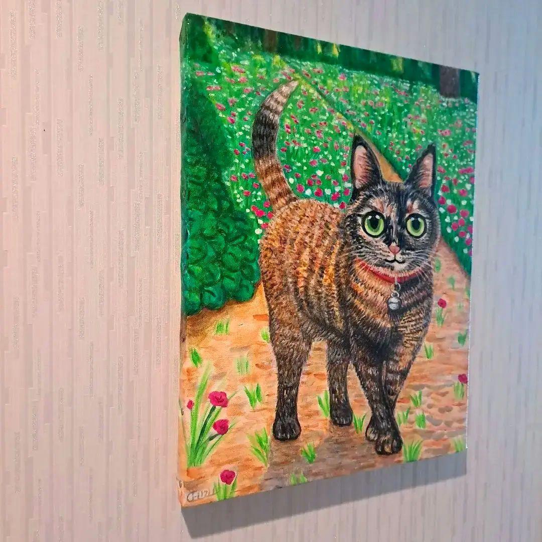 キャンバス油絵　専用　サビ猫ジジちゃんのわくわく散歩♪♪