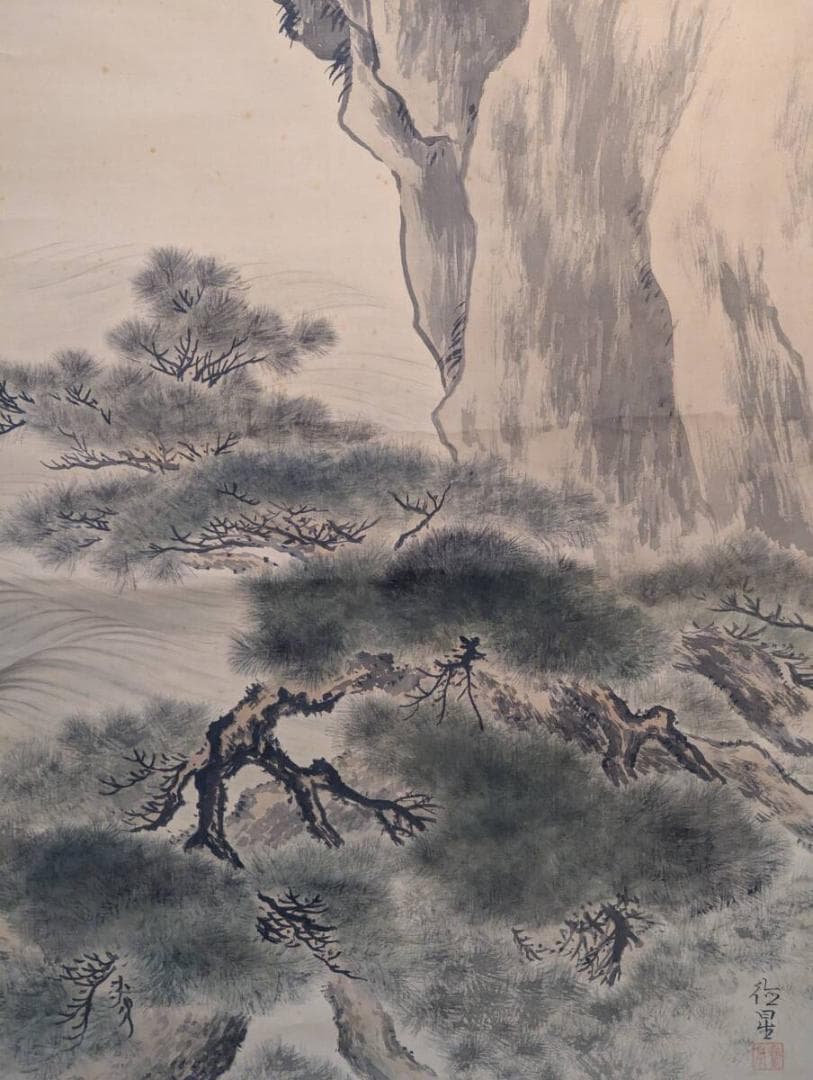 【真作】掛軸　藤原徳星　蓬莱双鶴　端正な墨彩画　吉祥画題　二重箱入　T121