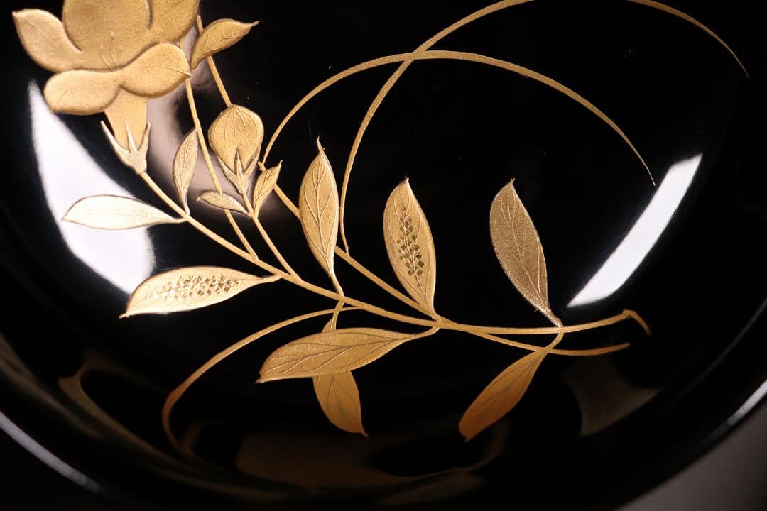 時代木製漆器 加賀蒔絵 牡丹 梅 草花 高蒔絵 黒塗椀 二客 漆芸 CL55