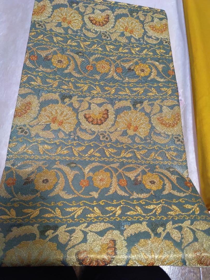 青色金色花柄 帯 専用箱付き