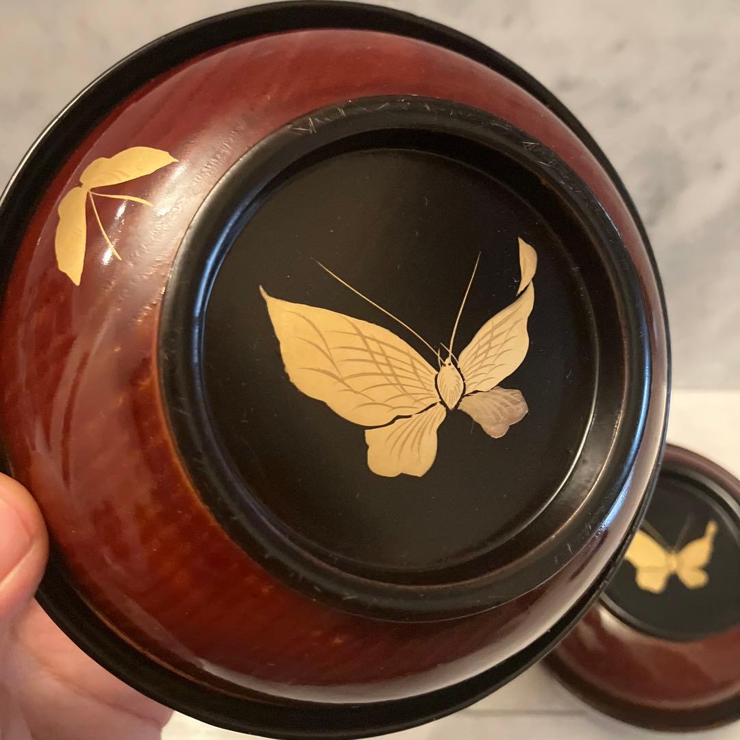 ユリコ様アンティーク明治　金彩の蝶々や牡丹の花が美し過ぎる木製輪島漆塗りお椀2客