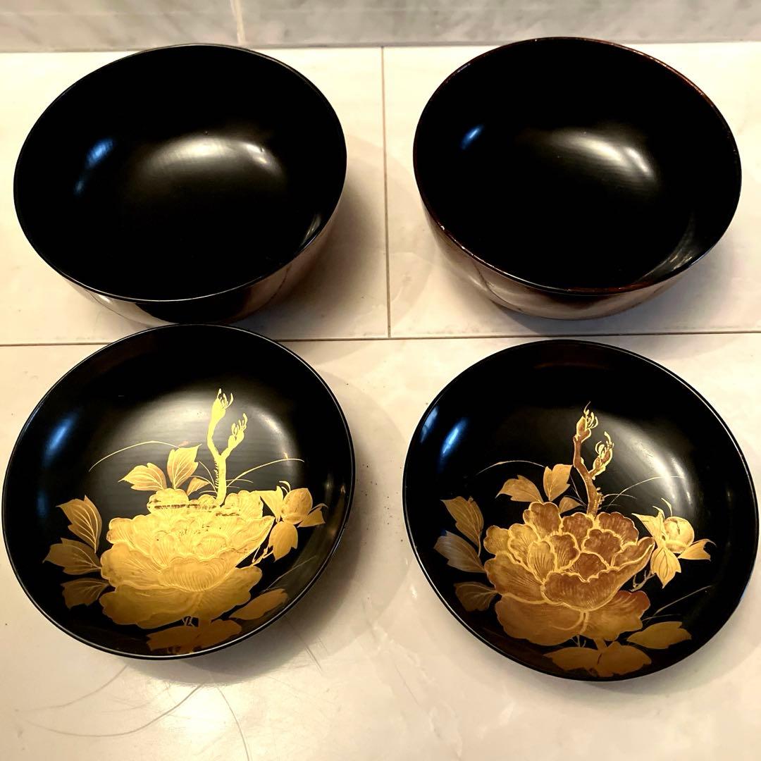 ユリコ様アンティーク明治　金彩の蝶々や牡丹の花が美し過ぎる木製輪島漆塗りお椀2客