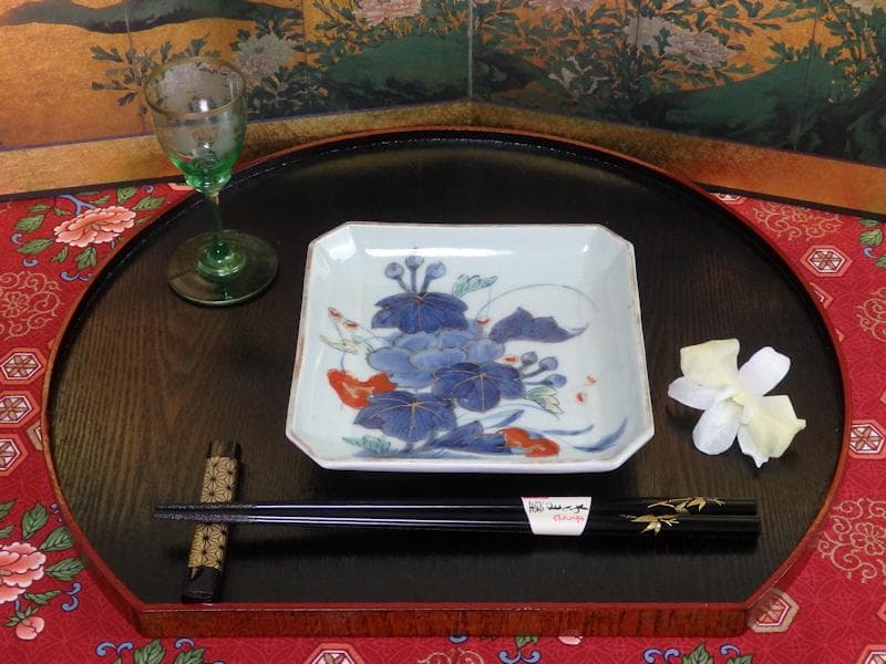 古伊万里　染錦　牡丹の図　角皿　５枚　131AS-CWz