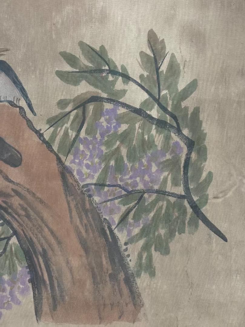 中国古美術 明代 呂紀 手描き掛軸 鳥と木の絵画 絹本 三尺巻き物 書画 中堂画