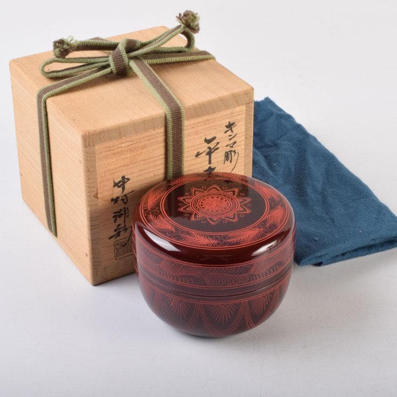 茶道具　中村湖彩作　キンマ彫　平棗　共箱　V　9029
