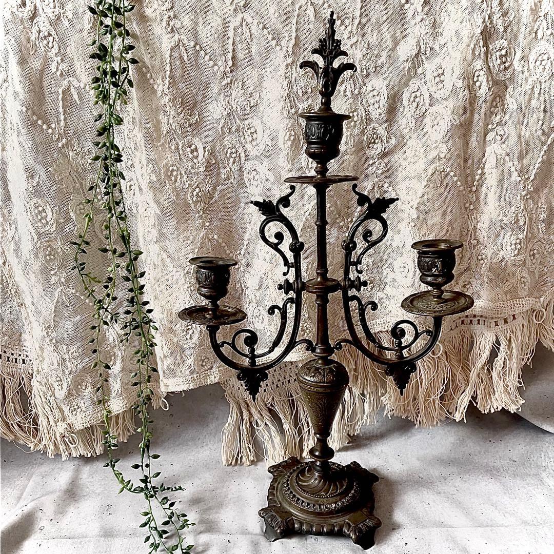 フランスアンティーク♪装飾刻印 キャンドルスタンド 3灯金属製