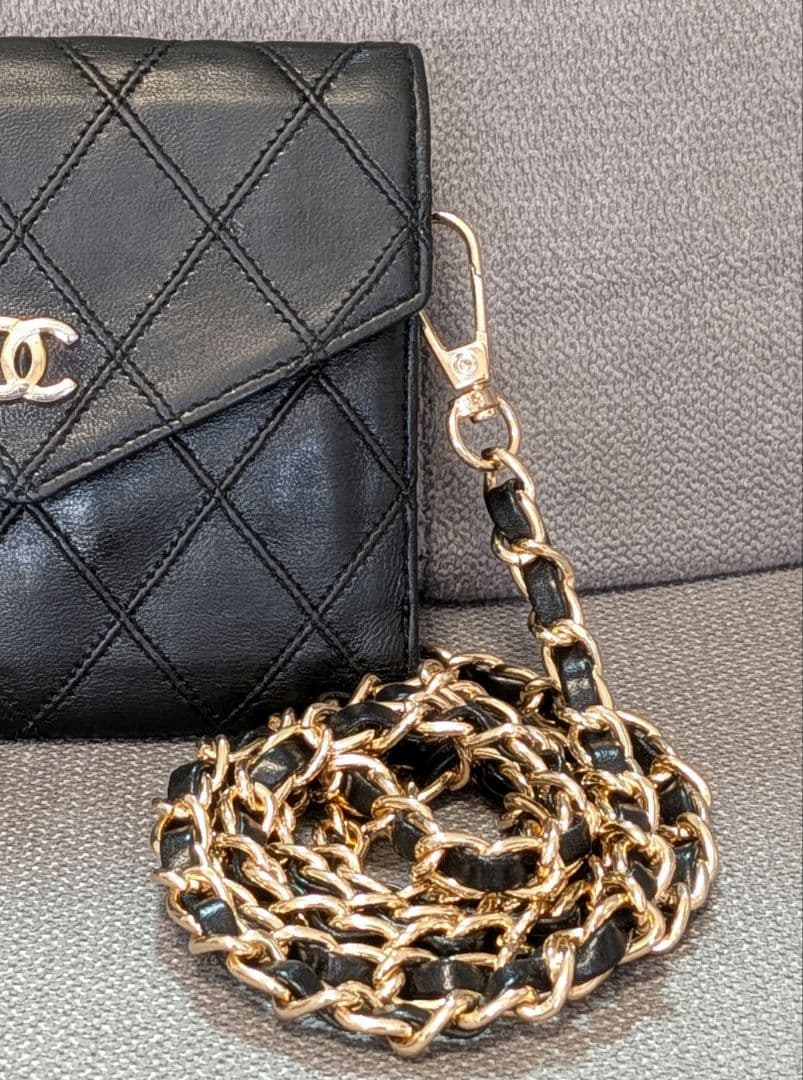 シャネル　黒　ビコローレ　Wホック折り財布　ラムスキン　チェーン　ショルダー