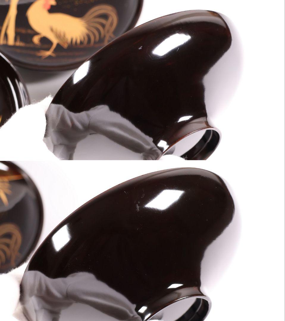 【CM352】時代蒔絵椀 竹に鶏金蒔絵 平椀二客 木製 /(検) 輪島塗加賀能登