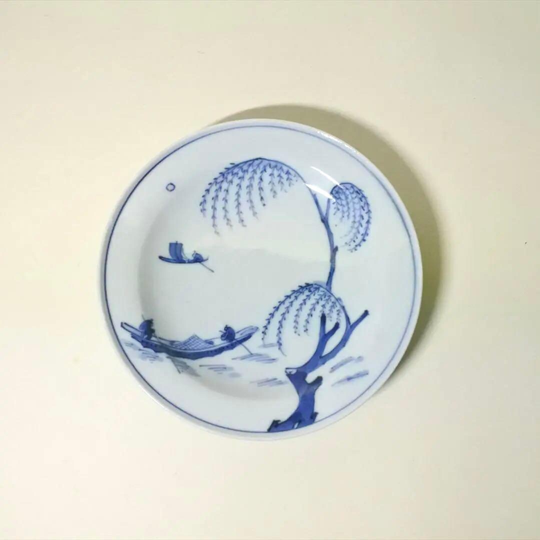 中国明末清初　古染付　舟　人物　風景図　皿　骨董品　アンティーク