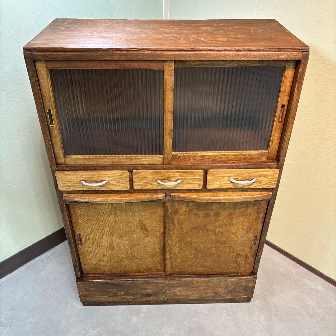 木製食器棚 アンティーク家具 波ガラス レトロ　ラック