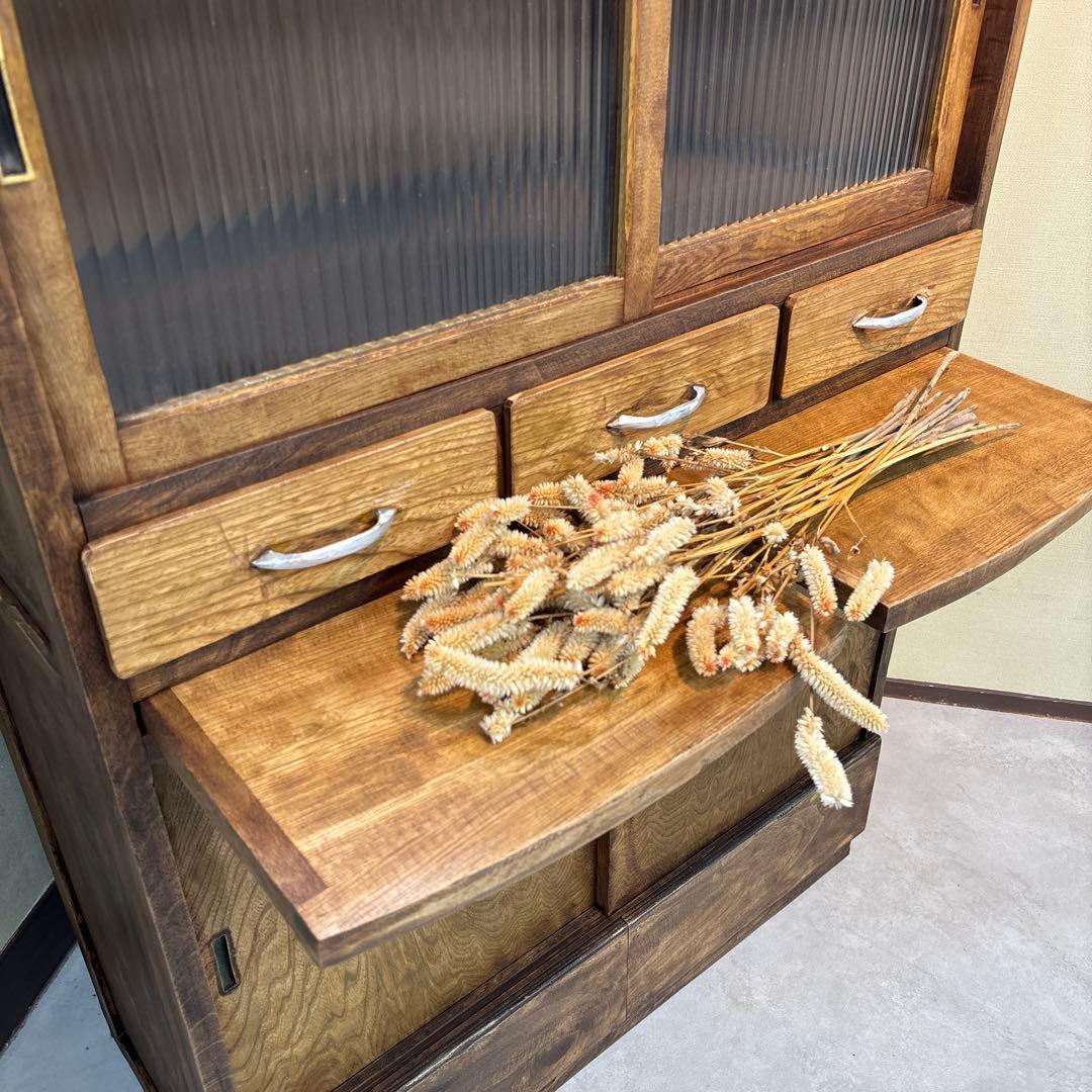 木製食器棚 アンティーク家具 波ガラス レトロ　ラック