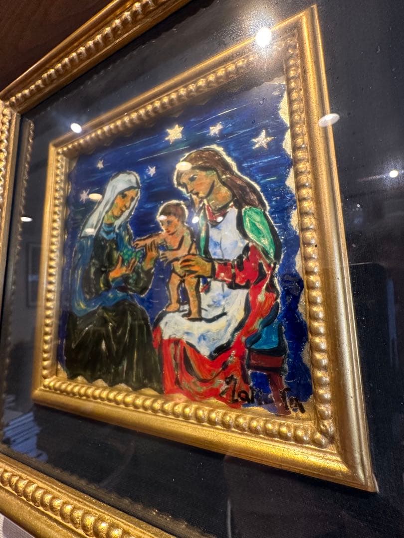 田中忠雄　作　ガラス絵　キリスト教美術　幼な子をかこむマリアとアンナ