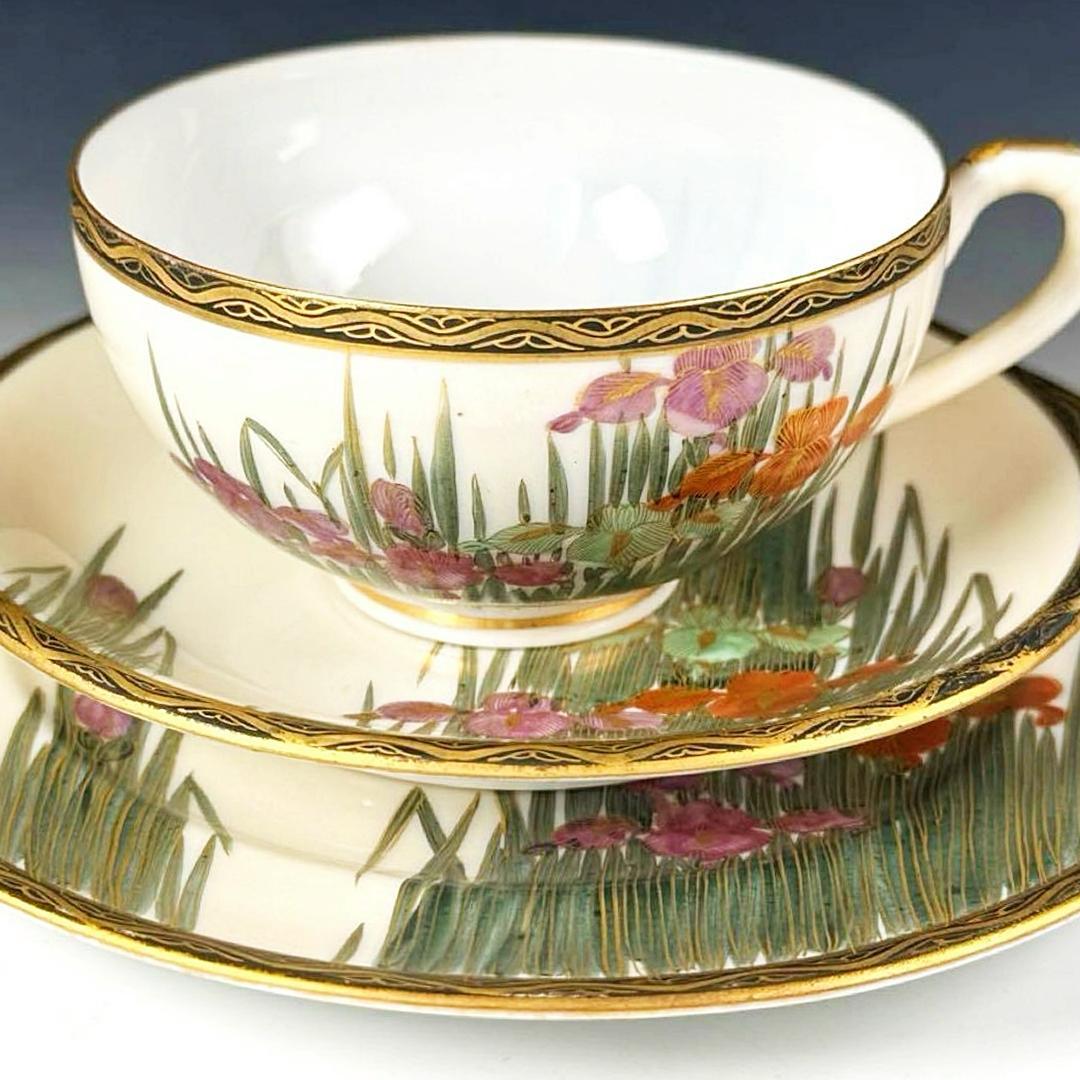 極美品■オールドニッポン 薩摩 エッグシェル 金彩 菖蒲図紋 キャビネットトリオ