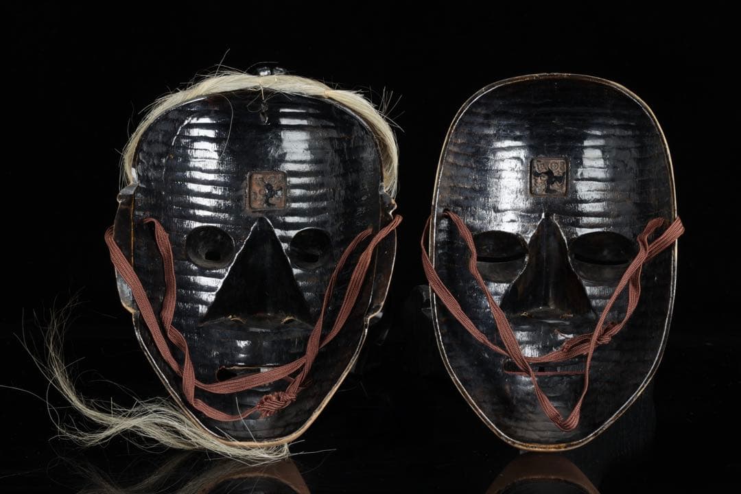 初代 野川陽山 時代能面 木彫 翁 姥 一対 箱付 在銘 小尉面 古美術 骨董品