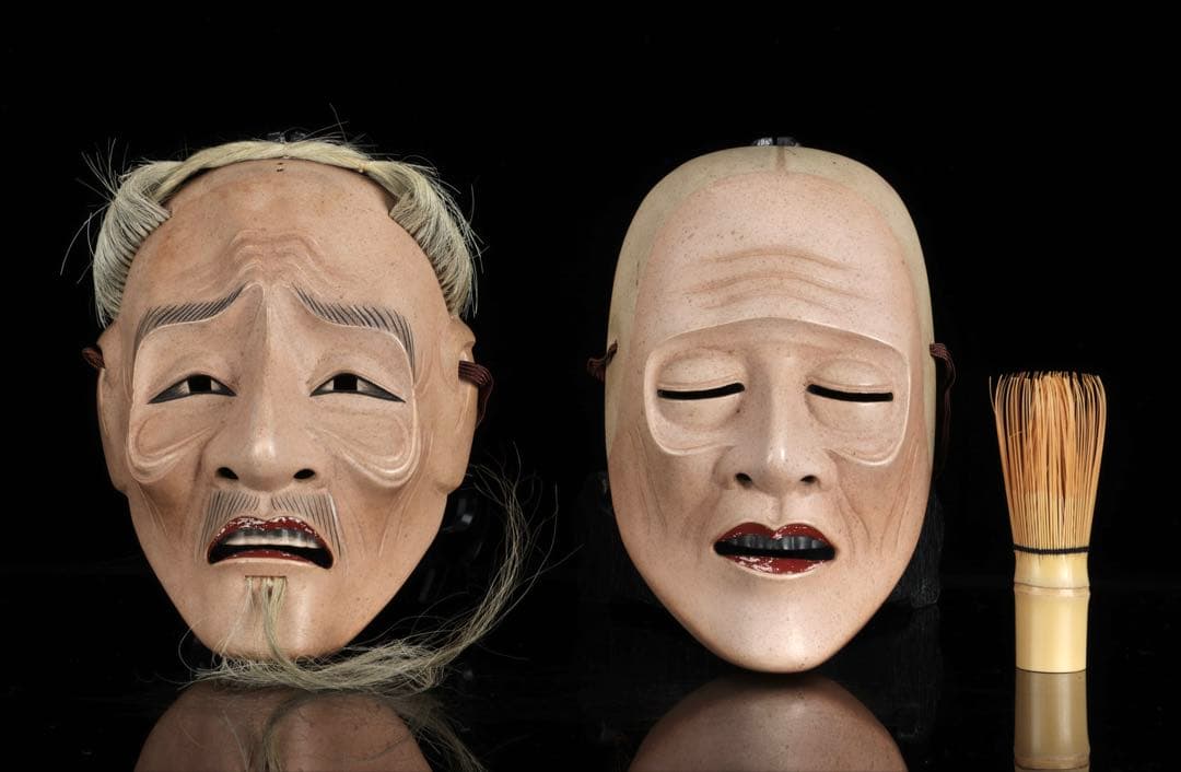 初代 野川陽山 時代能面 木彫 翁 姥 一対 箱付 在銘 小尉面 古美術 骨董品