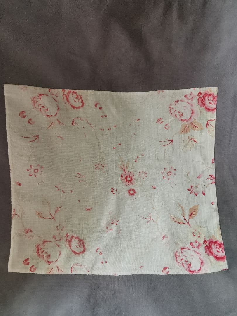 アンティーク フレンチ花柄薔薇ファブリックリネン ヘム刺繍グレークッションカバー