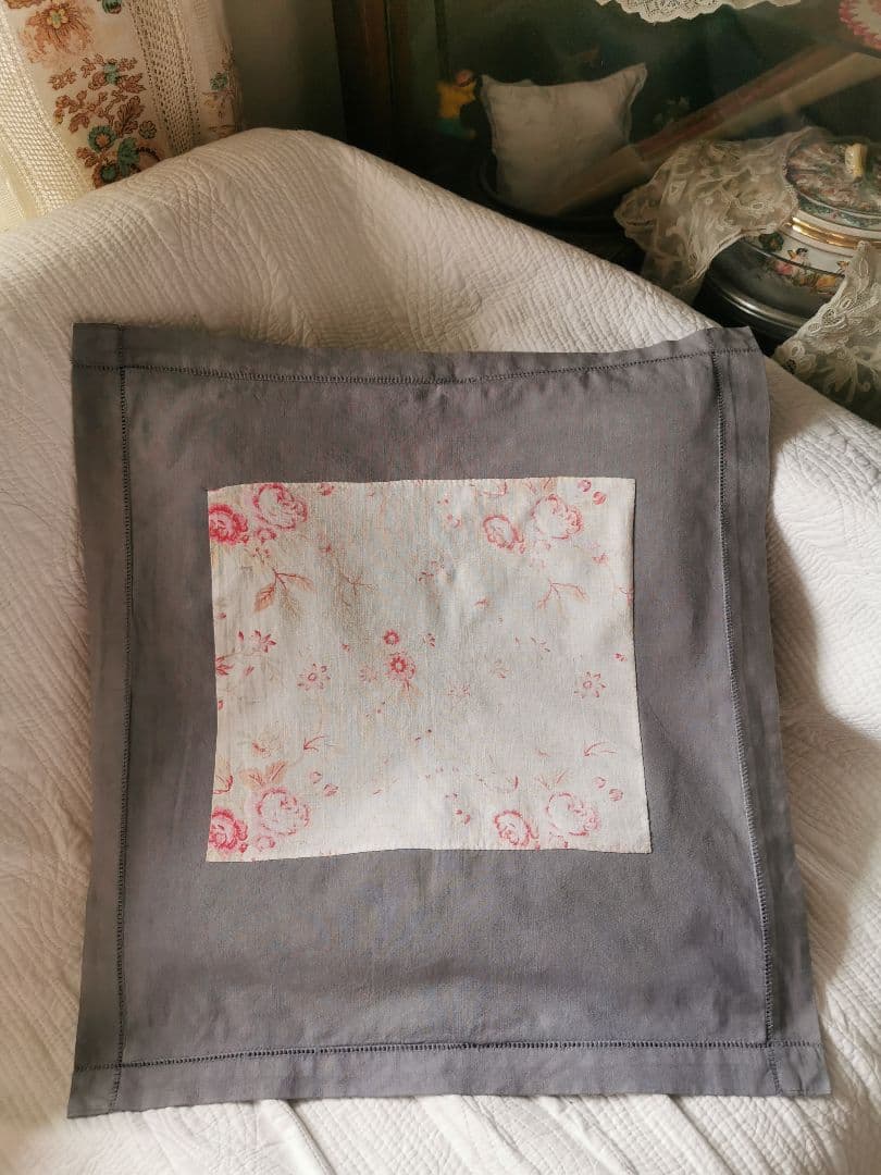 アンティーク フレンチ花柄薔薇ファブリックリネン ヘム刺繍グレークッションカバー