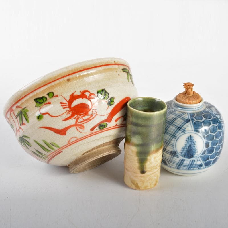 クローバー　利休茶箱赤絵竹花文茶碗棗など八点　一式　仕覆付　M　R7184