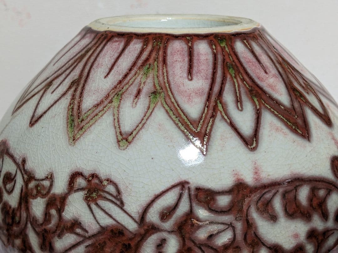 ♦京焼 陶芸家 藤平正文作 辰砂 唐物写し紋様 丸壺 置物 飾り 清水焼 骨董品