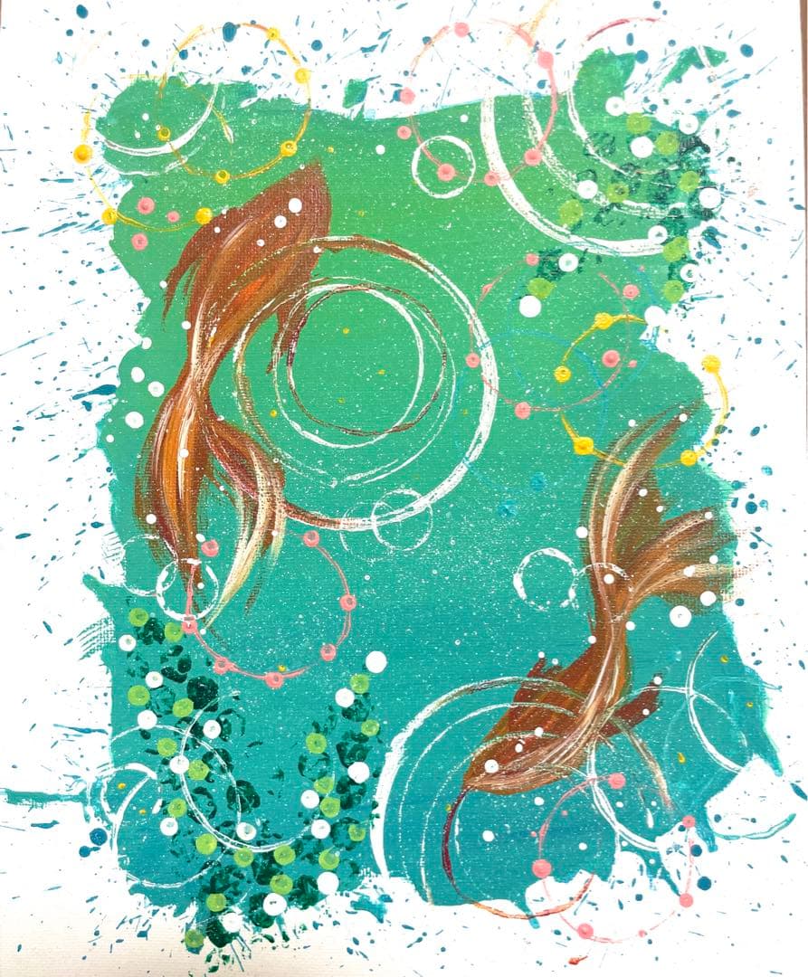 はじけてgoldfishアクリル画　アクリル絵の具　アート　金魚　水槽　絵画