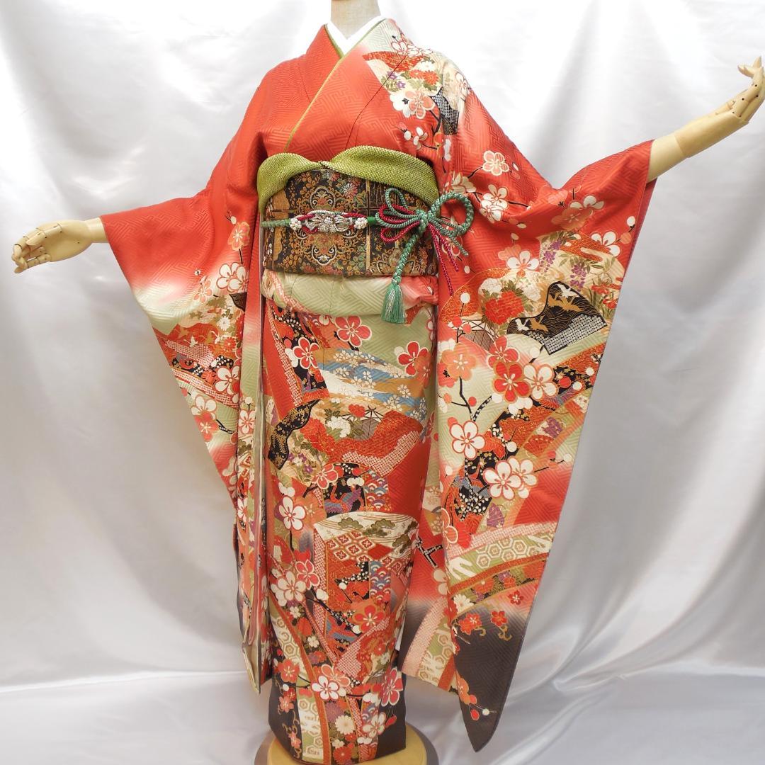 極美品★振袖フルセット　正絹　成人式　振袖　7点　Mサイズ　赤　古典柄　花柄