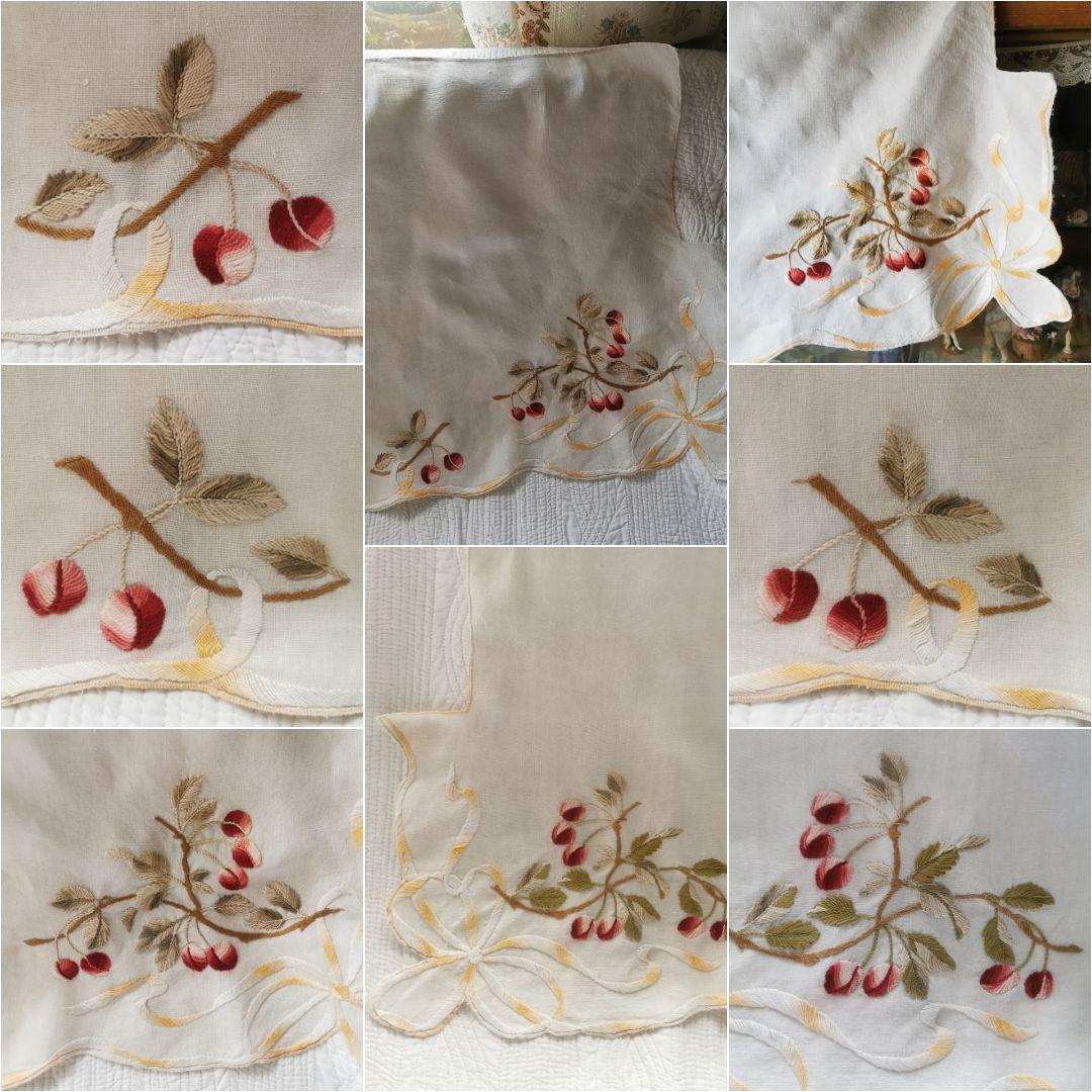 アンティークフランス チェリー＆リボン刺繍のロングクロス リネンカフェカーテン