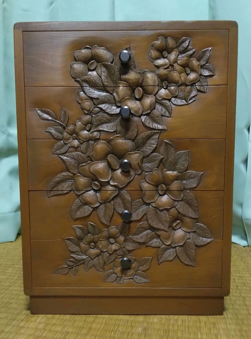 ラララ様ご確認用　　木製花彫刻5段引き出しタンス　木彫り手彫り