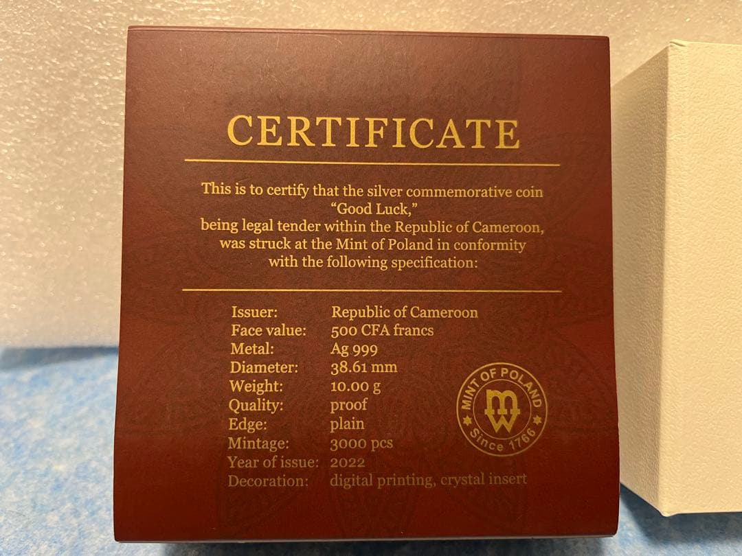 2022　カメルーン　幸運の四つ葉のクローバー　クリスタル　銀貨　