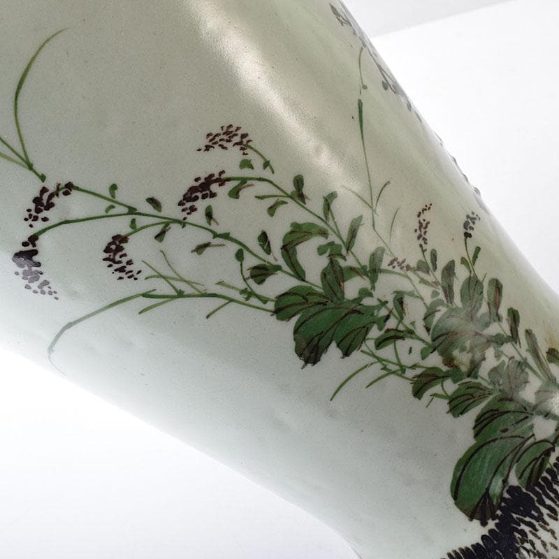 瀬戸焼　古瀬戸　青磁色絵花鳥文瓶　一対　J　R8751H