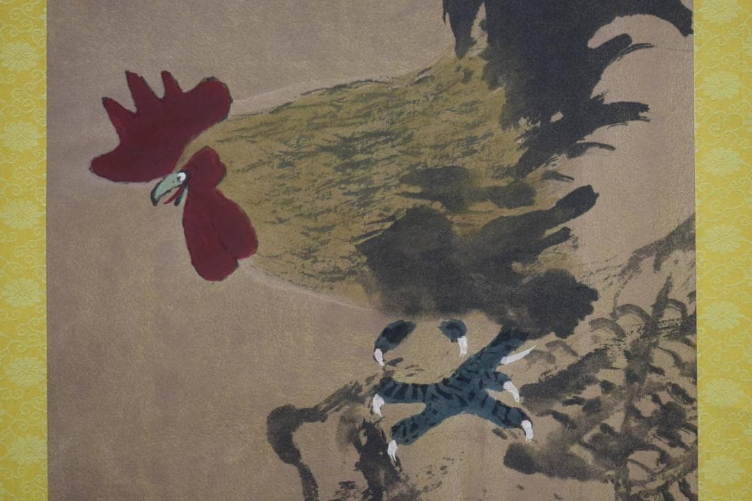 複製/中国画の巨匠/斎白石/斉白石/バッタに鶏図/工芸/布袋屋掛軸HI-50