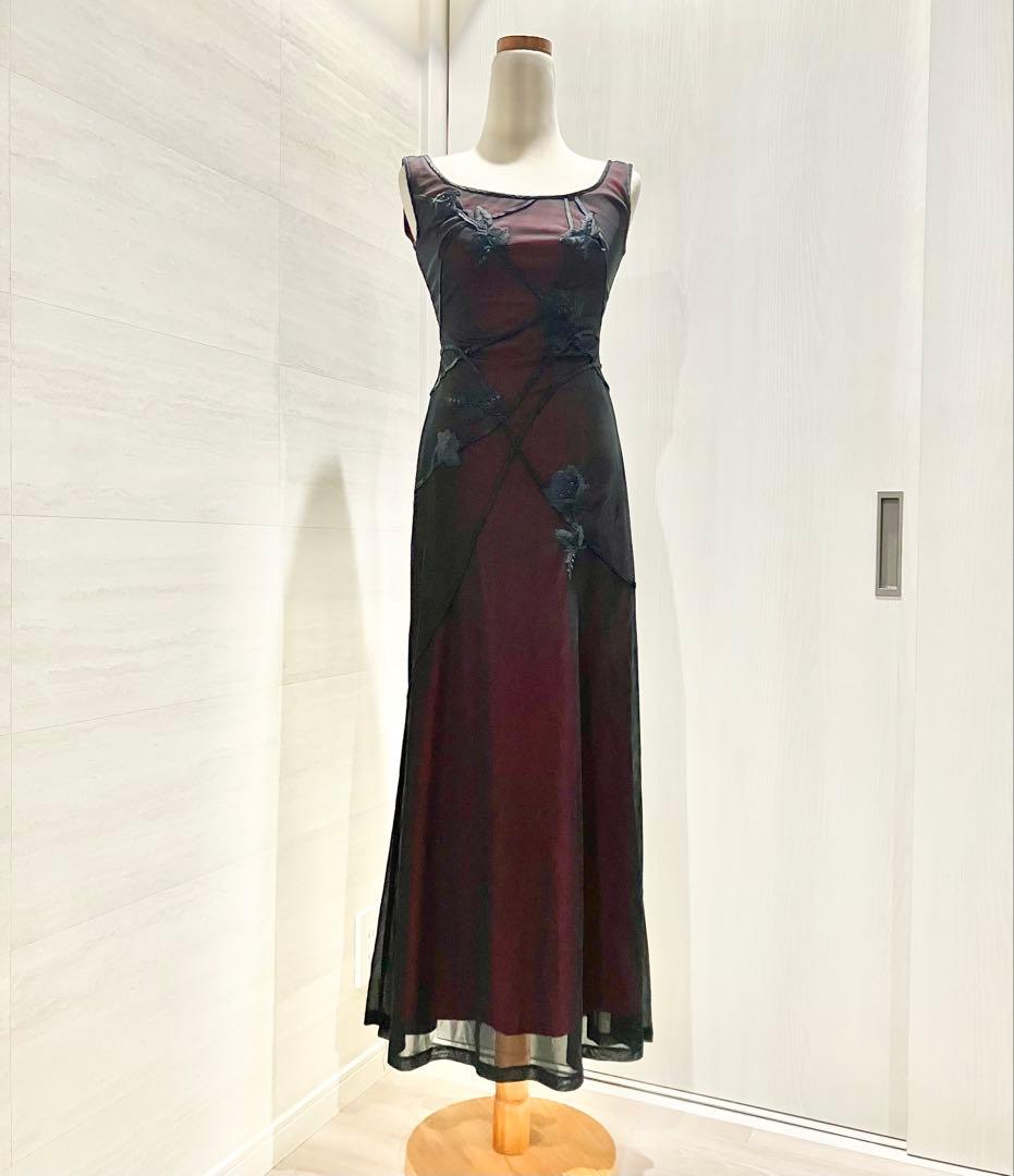 ぽん様【TADASHI SHOJI】赤×黒 花しストレッチ ロングドレス