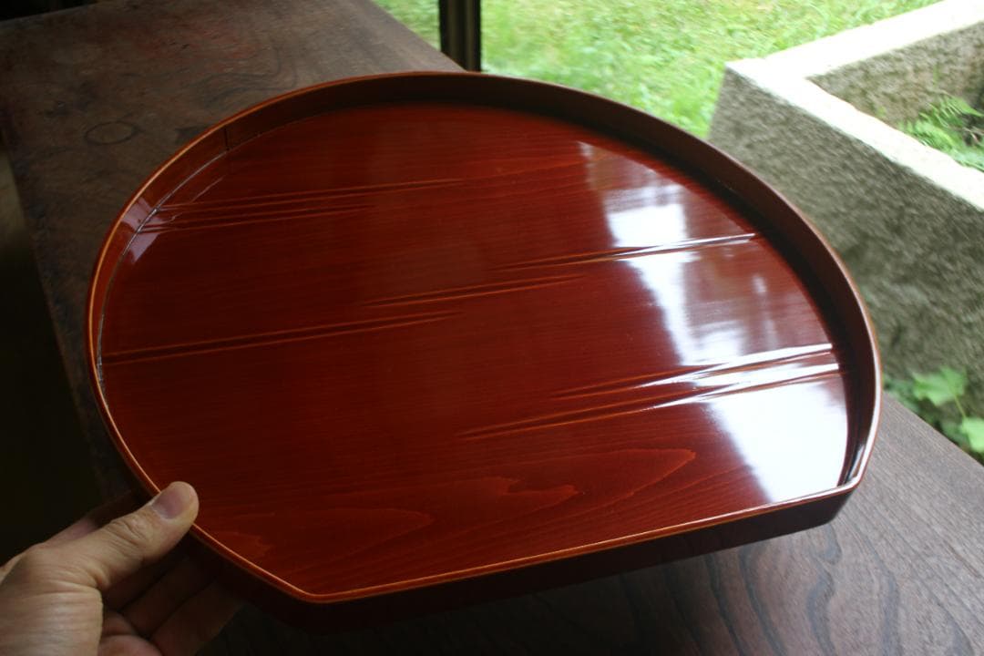 専用！優美な拭き漆の映える春慶塗の半月盆4点（検漆器漆盆茶道具お盆お膳