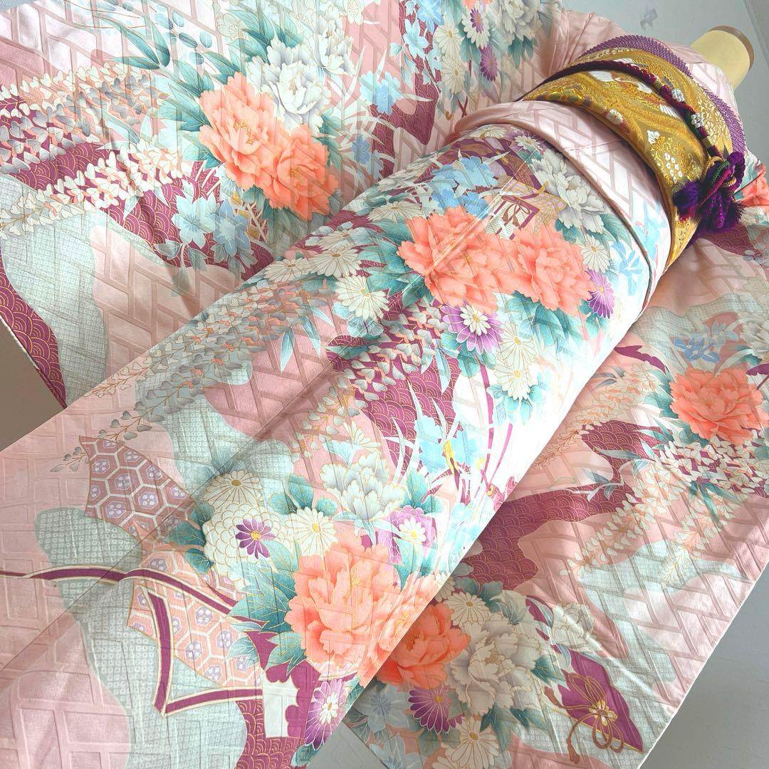 481 振袖フルセット 正絹 薄ピンク 薄桃 金彩 華やか 御所車 藤 牡丹 梅