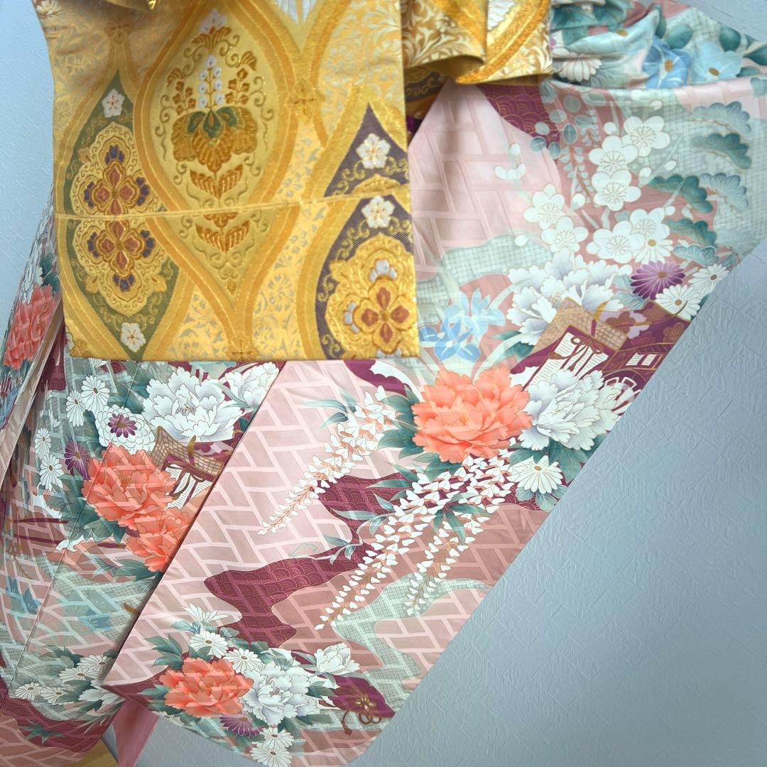 481 振袖フルセット 正絹 薄ピンク 薄桃 金彩 華やか 御所車 藤 牡丹 梅