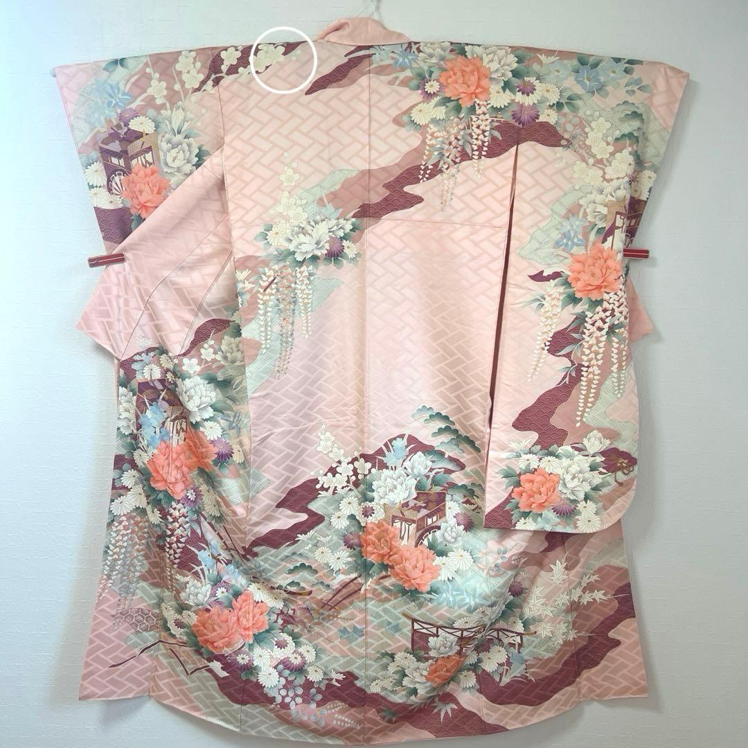 481 振袖フルセット 正絹 薄ピンク 薄桃 金彩 華やか 御所車 藤 牡丹 梅