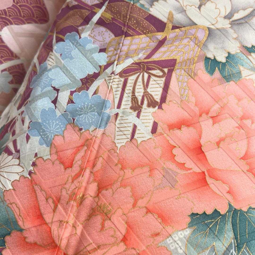 481 振袖フルセット 正絹 薄ピンク 薄桃 金彩 華やか 御所車 藤 牡丹 梅