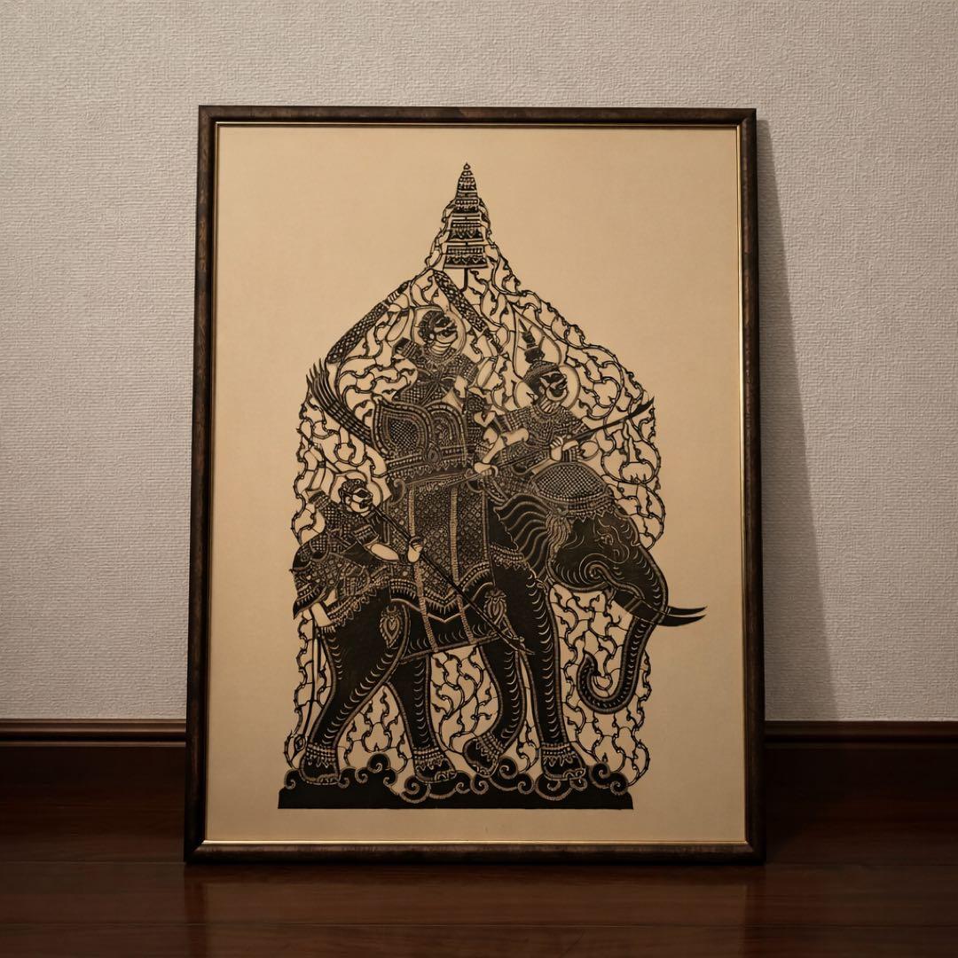 タイ　伝統美術 切り絵アート 額装 ウォールアート 暖色系 インテリア　象