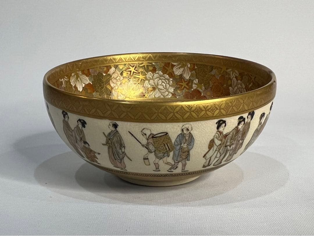 【錦光山】超絶技巧 薩摩 金蘭手 色絵 金彩 風俗図茶碗