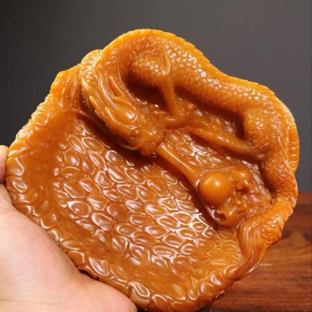 珍品 天然田黄石 水盂毛筆用 「龍騰盛世」 秋堂 作 彫刻 金龍文 文房具置物