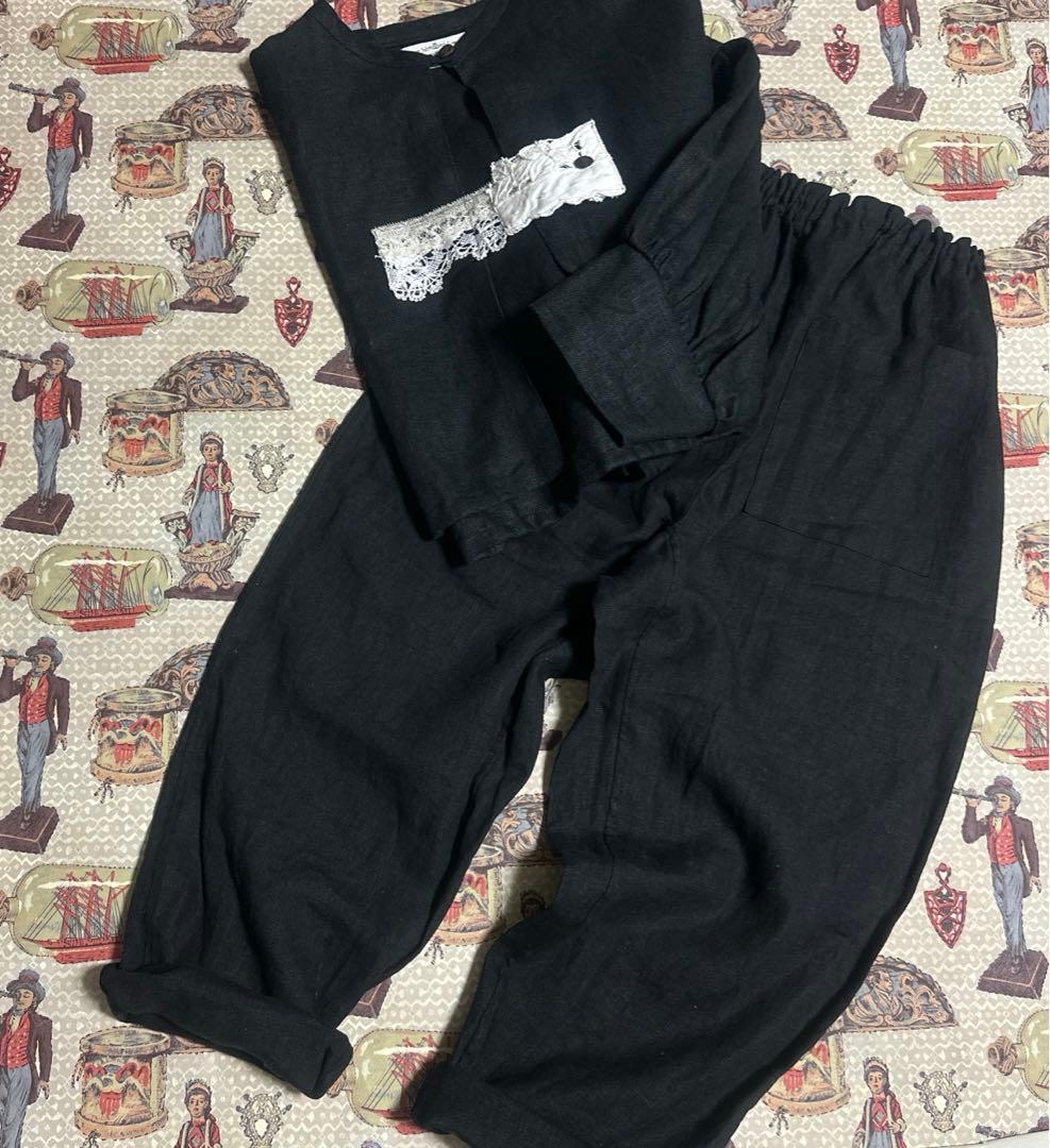 ハンドメイド❣️リネン100%ブラック もんぺパンツ