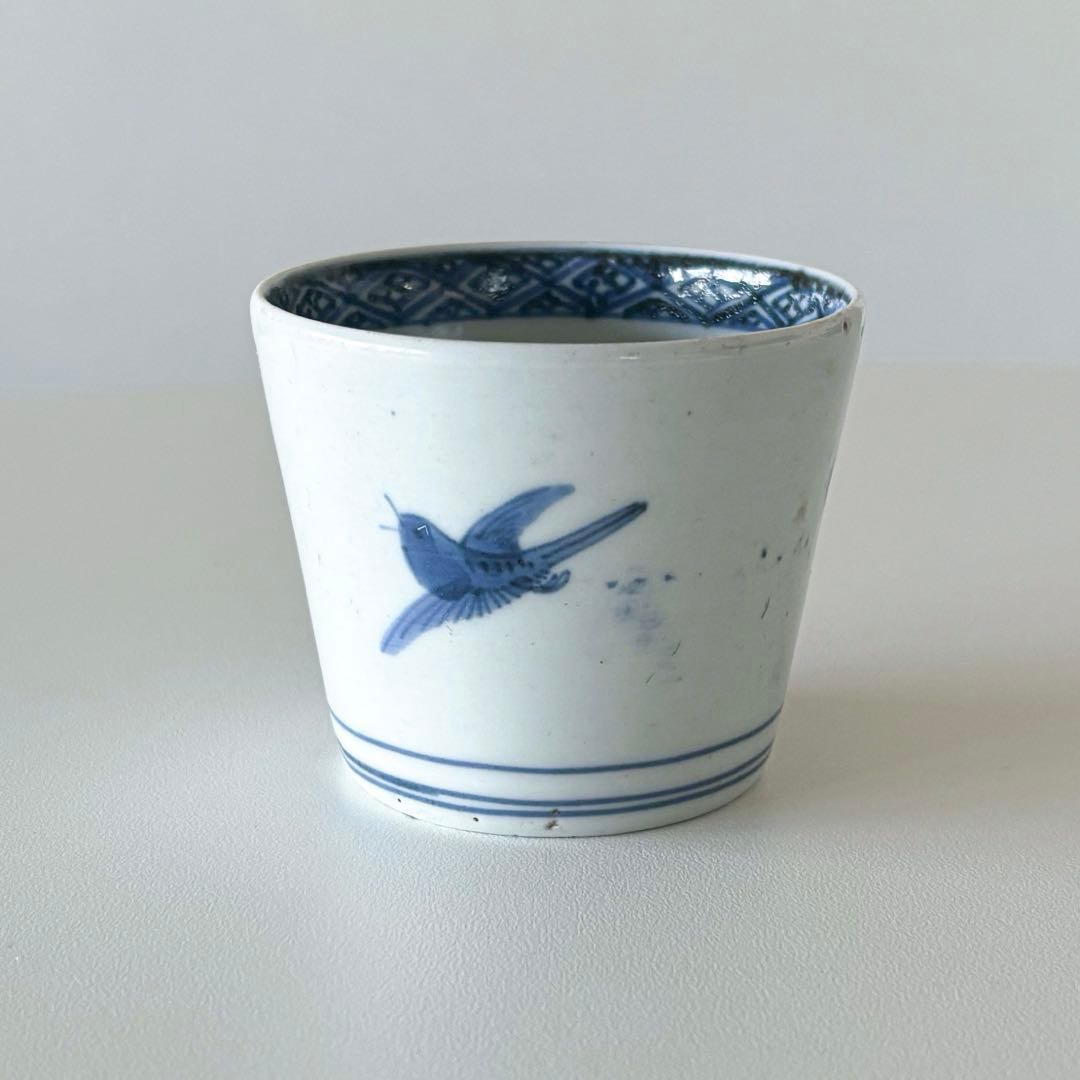 古伊万里　伊万里　江戸　後期　幕末　椿　鳥　蕎麦猪口　染付　蛇の目　高台