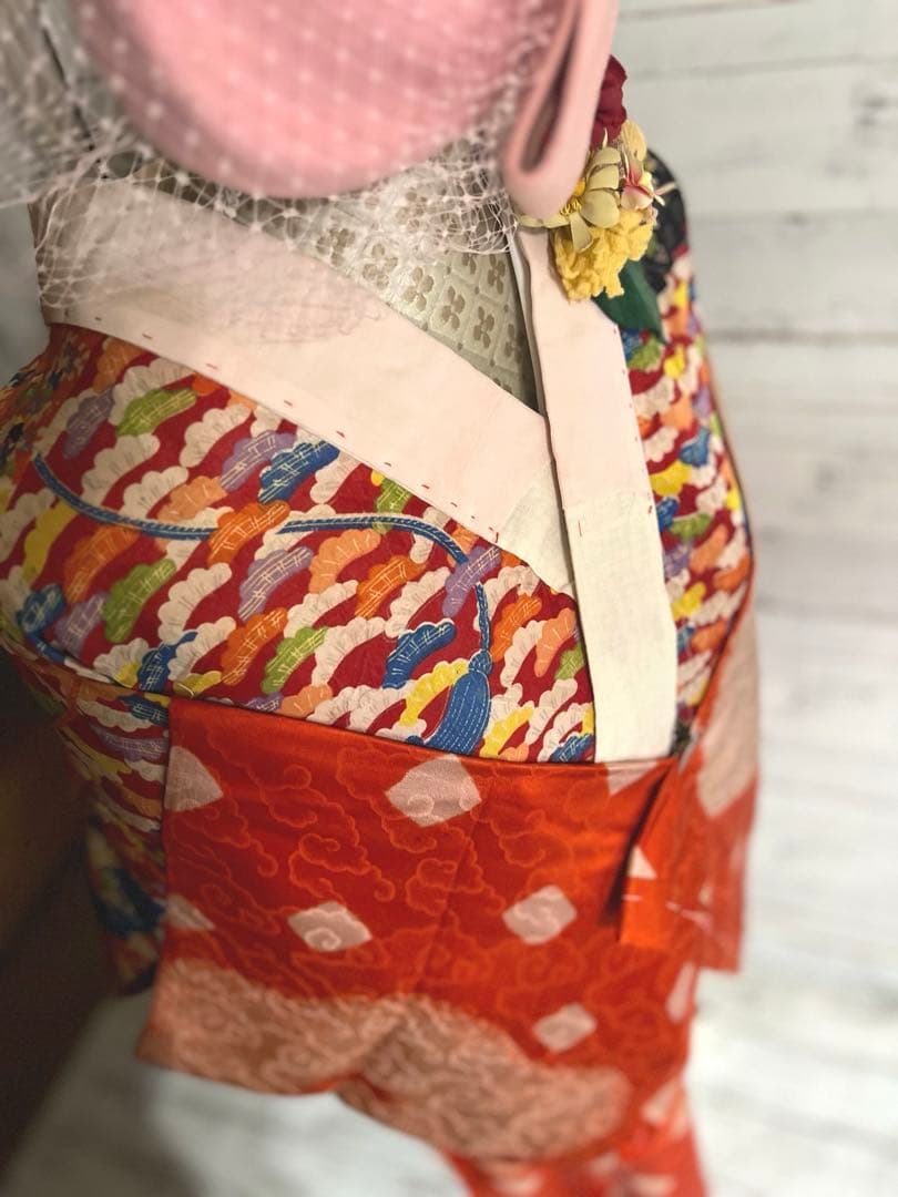 5303◆古布時代古裂アンティーク長襦袢朱色絞り染雲織柄赤に扇面松コレクションに