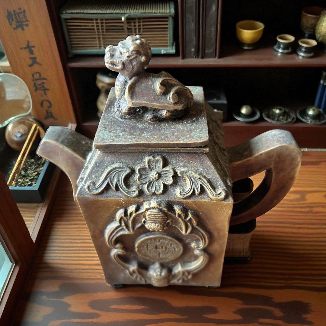 中国古美術 貔貅 嘉慶通寶蝙蝠 瑞獣文 縁起古銅急須 金運招来 書道具 墨壺水滴